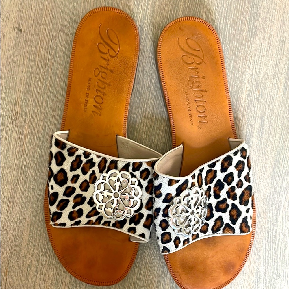 Brighton Genuine Calf Hair Leopard Print Slide Sandals